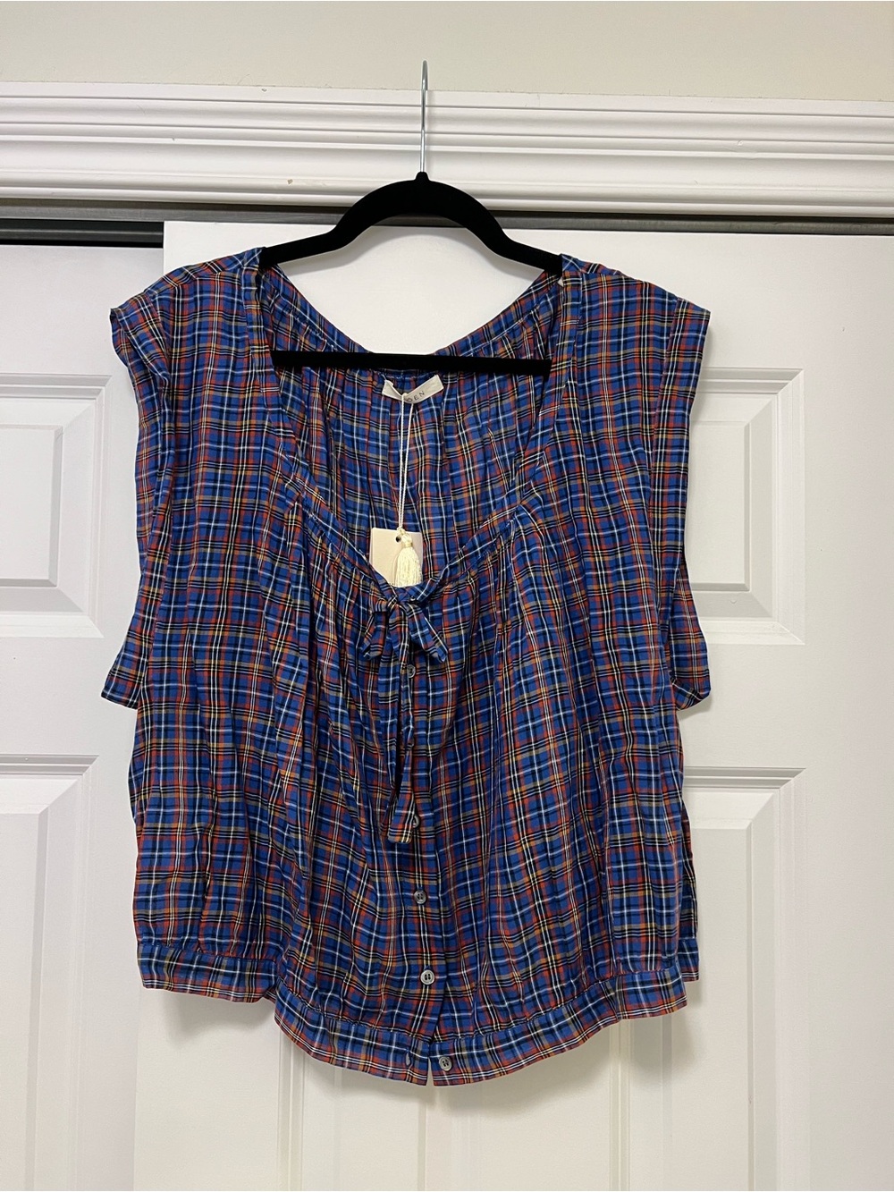 Doen Blue Plaid Tie-Front Blouse